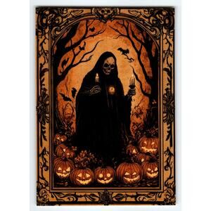 Vintage Halloween Postcard Grim Reaper & Jack-o'-Lanterns Chrome 5.5x4